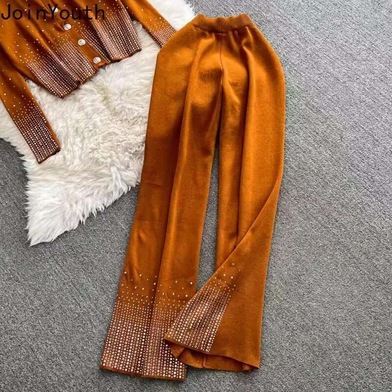 Pants Suit Vintage Two Piece Sets Womens Outfits Diamond Knitted Cardigan Coats High Waist Straight Wide Leg Pants Sets 63b188