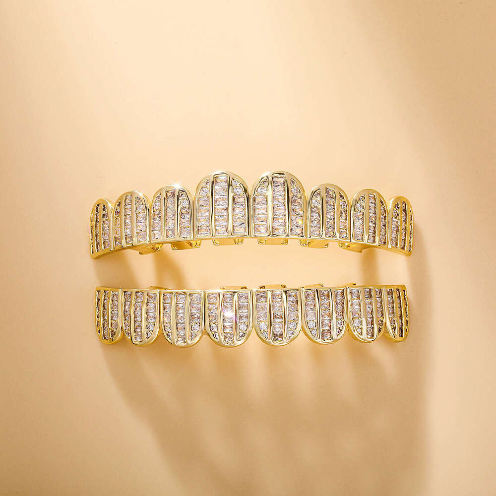 Gold-Plated Square Zircon Full Dia Micro-Inlaid Large Gold Teeth Unisex Hip-Hop Accessories