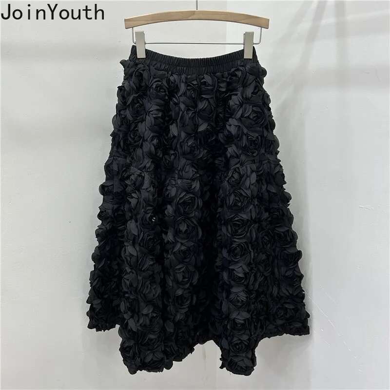 Chic 3D Floral Skirt for Women Temperament Jupe 2025 Faldas Mujer De Moda High Waist Loose Saia A-line Sweet Solid Color Skirts