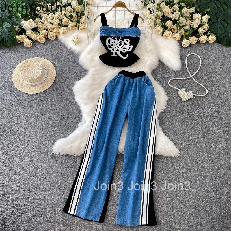 Y2k Clothing Two Piece Sets Women Pants Suit Patchwork Denim Embroidery Vest High Waist Wide Leg Pants Outfits Sexy Summer Set