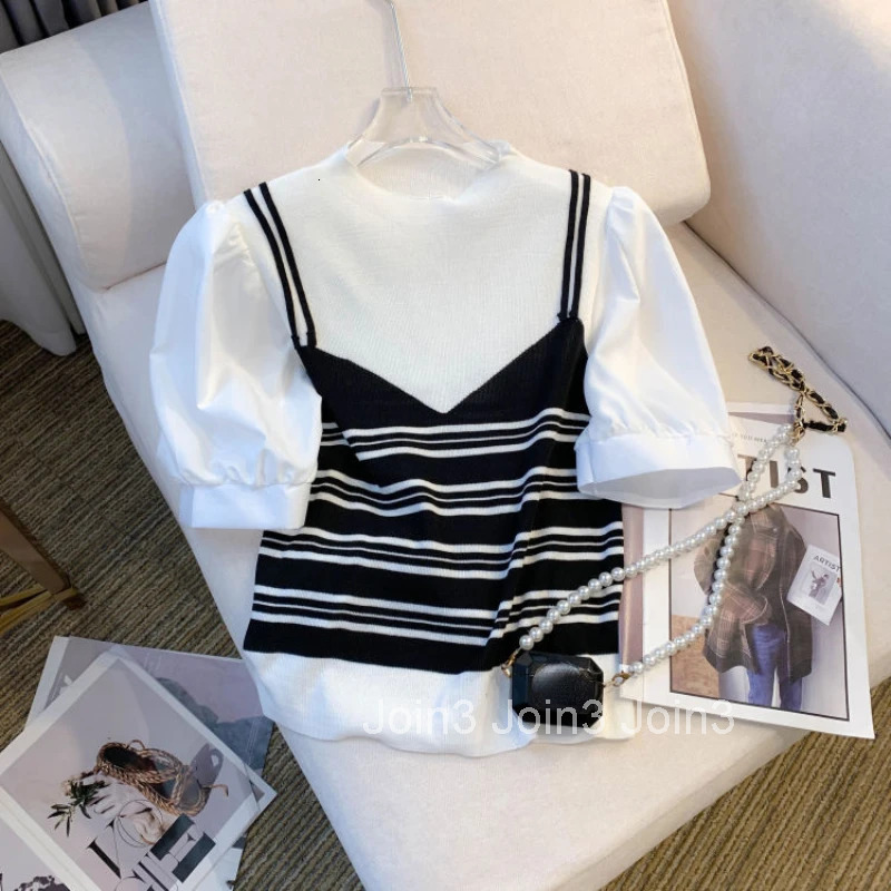 2025 Ropa Mujer Shirts for Women Chic Fake Two Tshirt Patchwork Contrast Color Knitted T Shirts Crop Tops Fashion Summer Tees