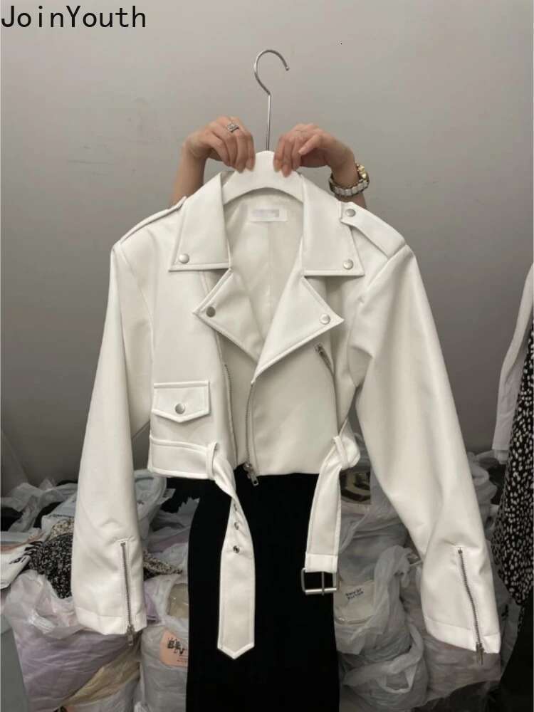 Korean Fashion Leather Jacket Womens Clothing Turndown Collar Zipper PU Crop Coat 2025 Ropa Mujer Streetwear Harajuku Y2k Tops