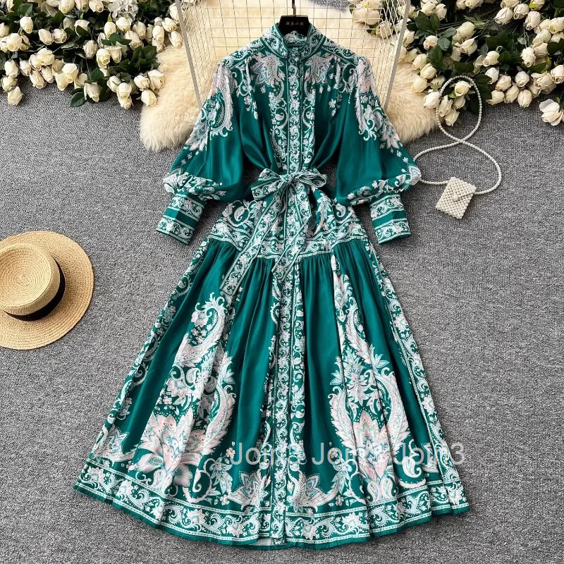 Vintage Dress Womens Clothing Stand Neck Lantern Sleeve Slim Waist Single Breasted Robe Femme Floral Summer Loose Maxi Dresses