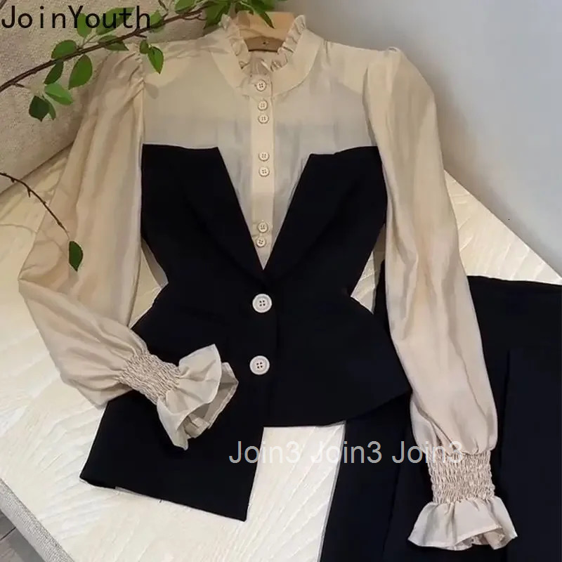 Temperament Pants Outfits Korean 2 Piece Sets for Women Irregular Fake Two Shirt Tunic Pants Suit Roupas Femme Chic Vintage Set