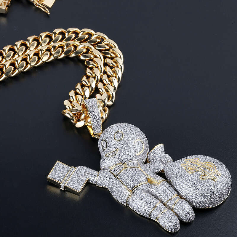 Hip Hop Money Bag Character Personality Large Pendant Micro Paved Zircon Men's Trendy Jewelry