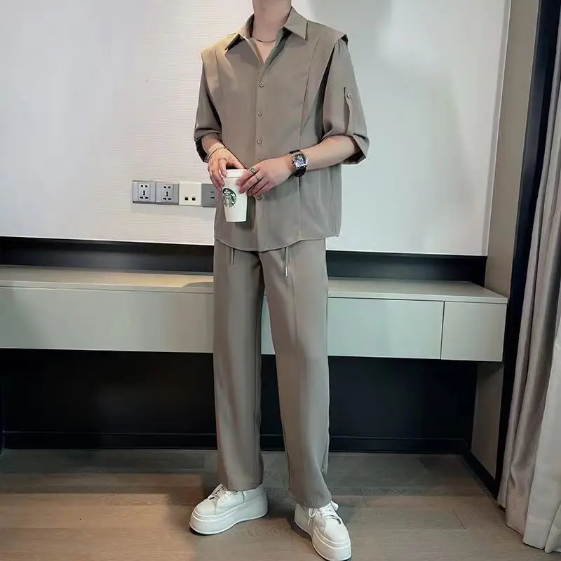 Summer Ice Silk Mens Suits Casual Short Sleeve Shirt And Pants Two-piece Set Ruffled Handsome Draped Korean Style Loose Set 250619
