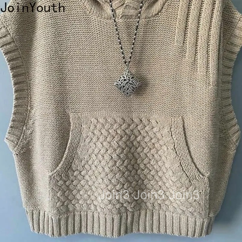 2025 Women Clothing Knitting Sweater Vest Hooded Casual Fashion Waistcoat Solid Color Casual Oversized Tops Korean Tanks Tops
