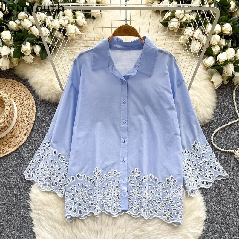 2025 Blusas Mujer De Moda Vintage Blouses Women Clothing Hollow Out Embroidery Flare Sleeve Shirt Loose White Summer Blouse Tops