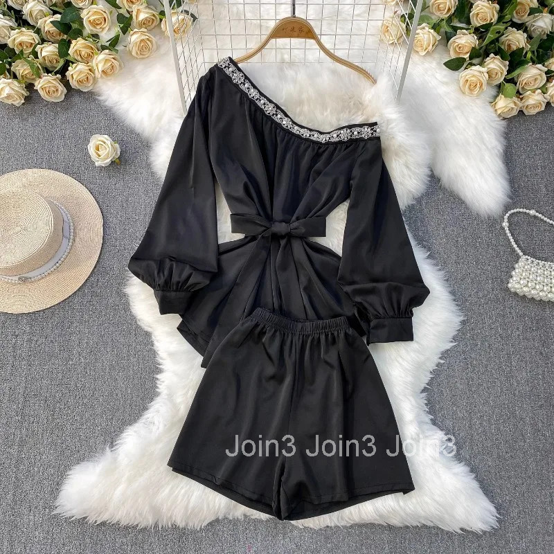Shorts Outfits Women Clothes 2 Piece Sets Diamond Slasn Neck Long Sleeve Shirts Elastic Waist Shorts Suit Solid Color Summer Set