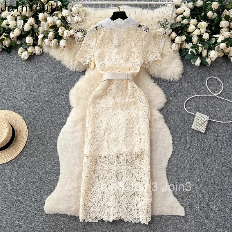 Vestidos De Mujer Summer Woman Dress Lace Tunic Single Breasted Short Sleeve Tunic Robe Femme Hollow Out Temperament Dresses