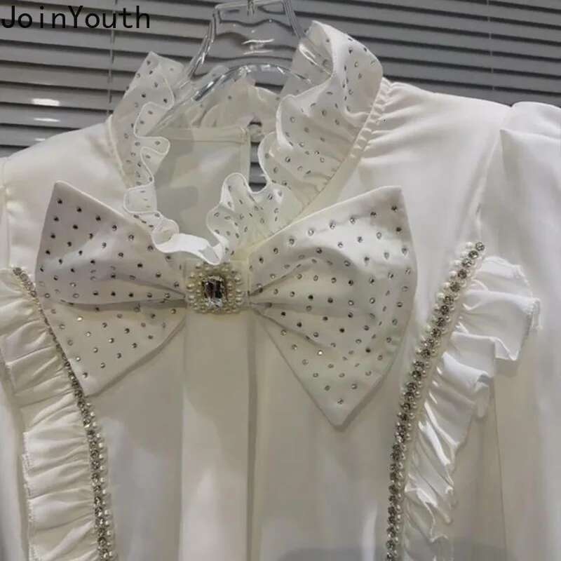 Crop Tops Fashion Diamond Blouses Womens Clothes Long Sleeve Ruffles Tunic Shirts 2025 Blusas Mujer De Moda Bow Ruffles Blouse