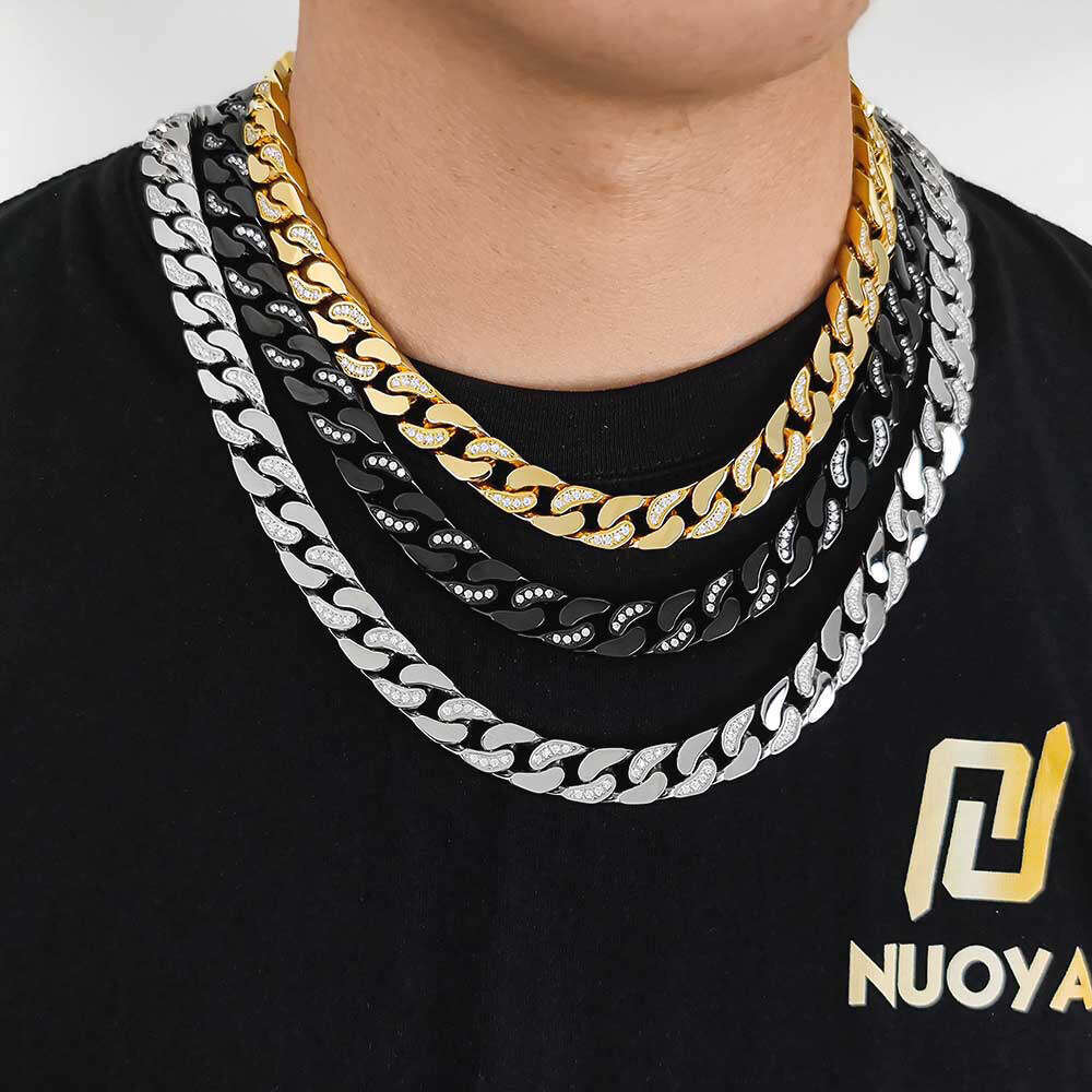 Hip Hop 12mm Stainless CNC Semi-Inlaid Dia Zirconia Four-Sided Polished Cuban Chain Titanium Steel Necklace 6c2c