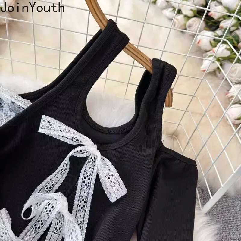 Y2k Top T Shirts Women Long Sleeve Tunic Crop Tops Ropa Mujer Patchwork Lace Fashon Sexy Tshirts Temperament Off Shoulder Tshirt