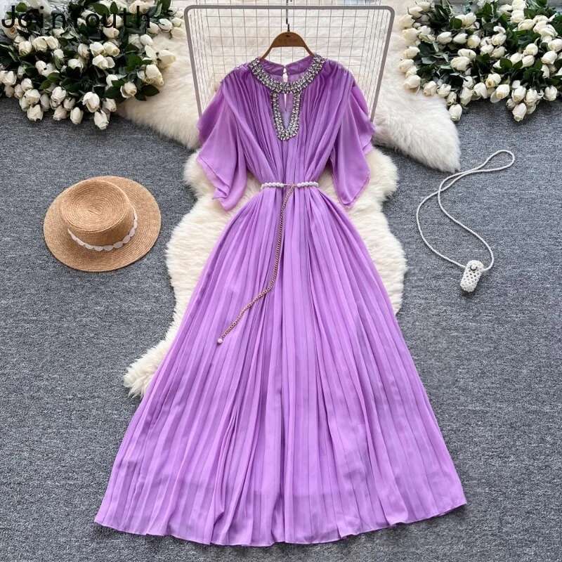 Elegant Robe Femme Women Temperament Maxi Dress 2025 Vestidos De Mujer Heavy Diamond Hollow Out Vintage Summer Pleated Dresses