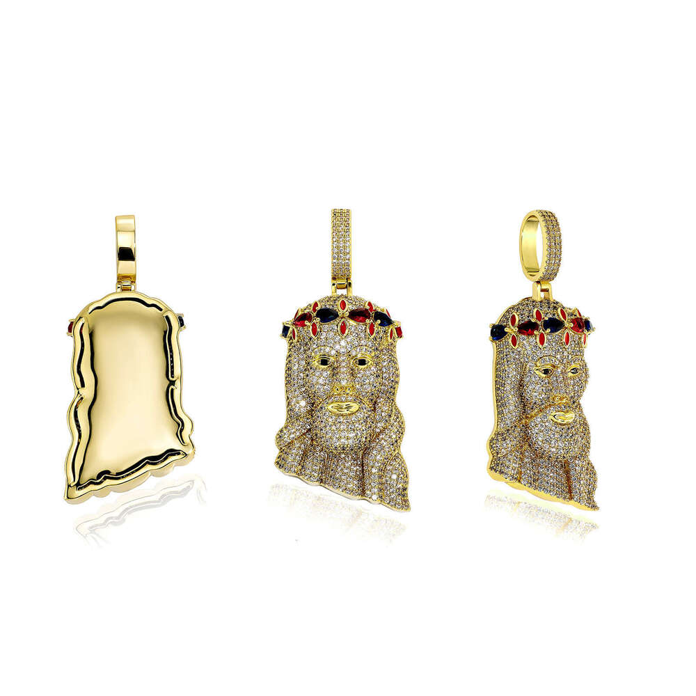 Copper Zircon Colorful Crown Hip-Hop Jesus Pendant Personality Necklace Men's Trendy Jewelry