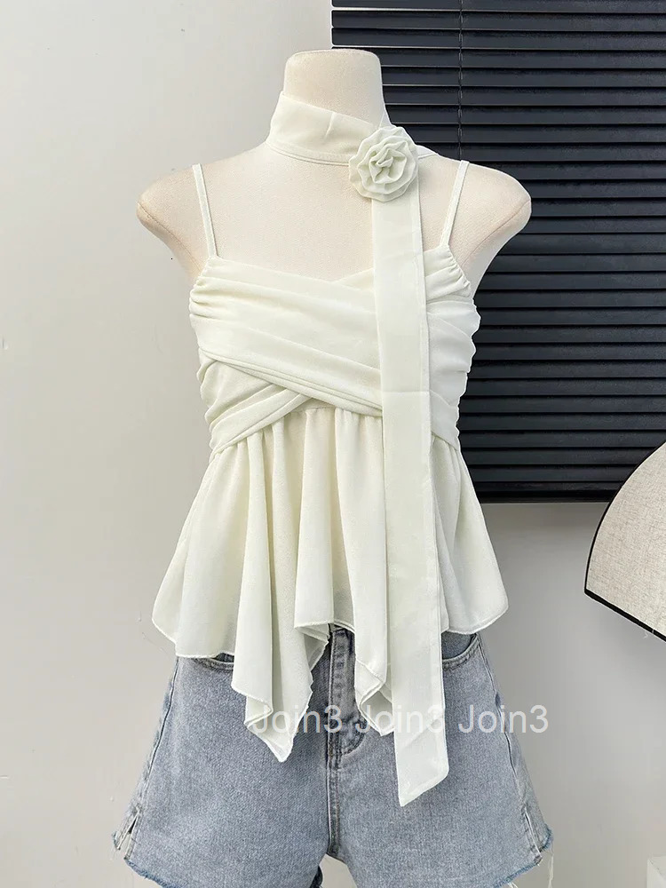 Temperament Lady Tops Sexy Vest Korean Fashion Clothing 3D Floral Bandage Tunic Camis Crop Tops Irregular Folds Summer Tanks