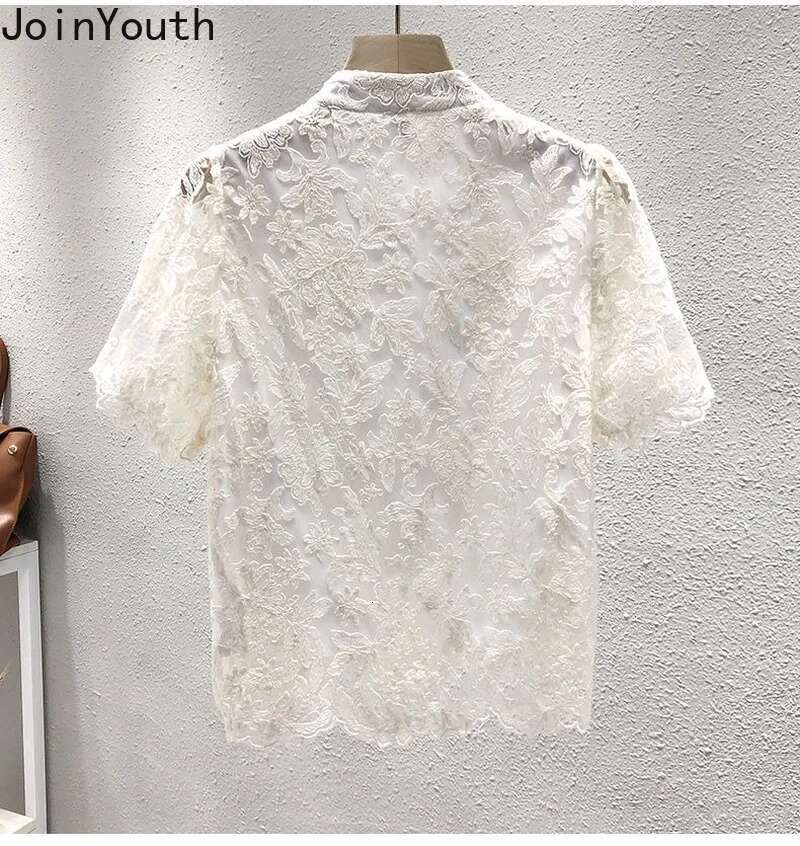 Chiffon Lace Blouse Women Short Sleeve Stand Neck Vintage Shirts 2025 Blusas Mujer De Moda Korean Summer Blouses Tops Femme