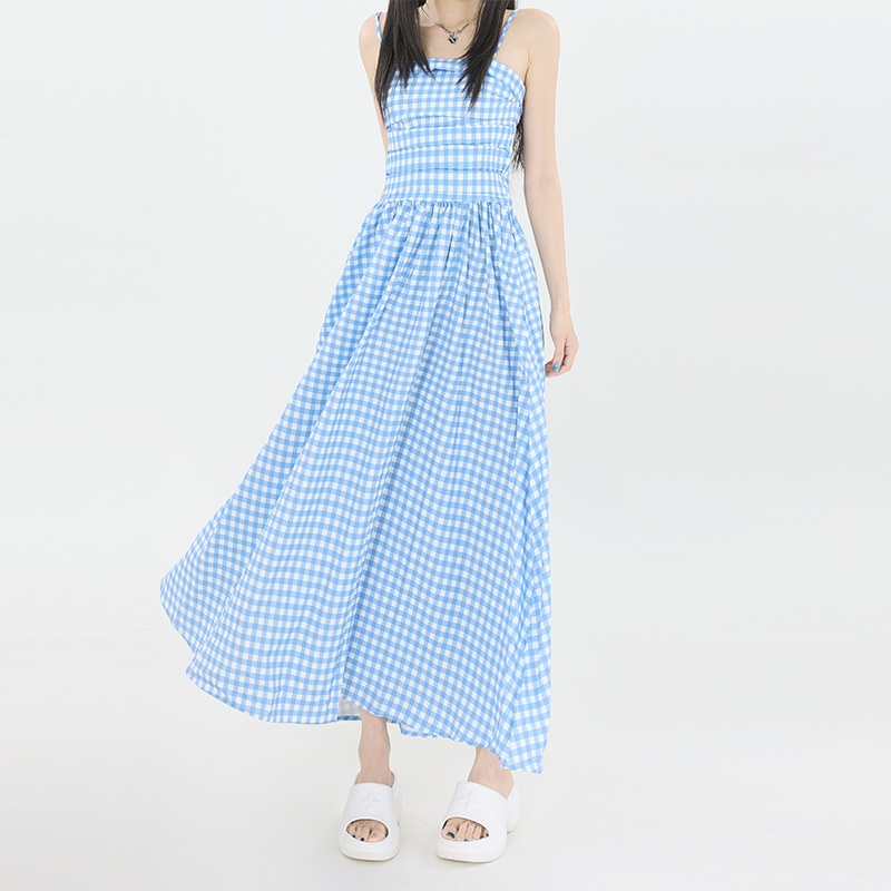 GG1503 Blue plaid dress for women, age-reducing, versatile, simple and slim, seaside vacation