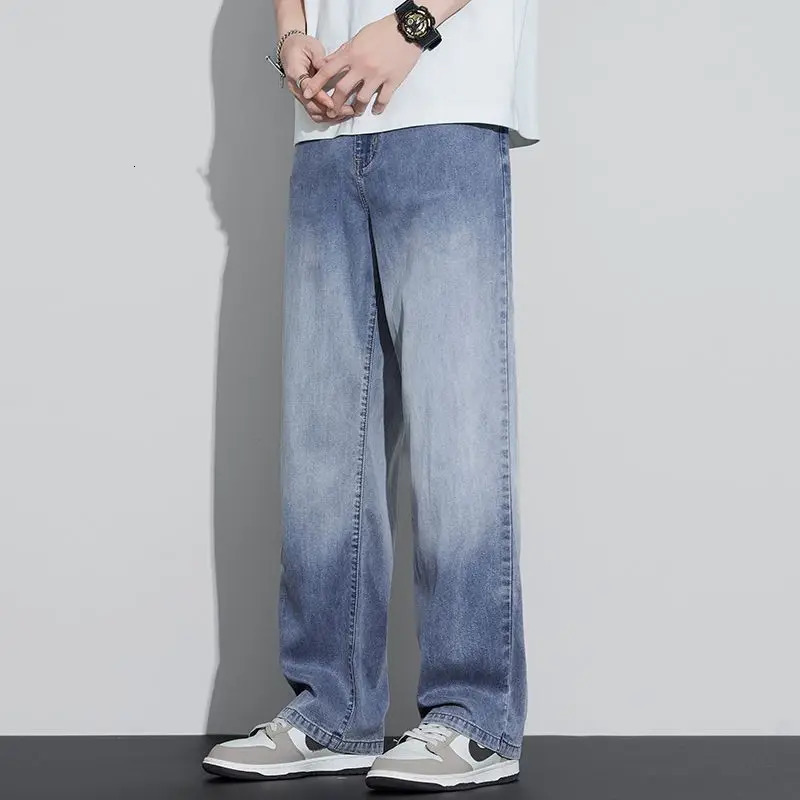 Summer thin Lyocell Tencel jeans for men straight leg loose fit wide leg drooping sensation gradient polished white pants 250617