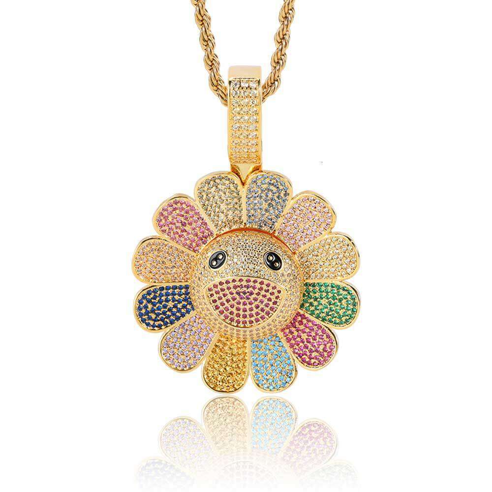 Copper Inlaid Zircon Rotatable Murakami Suower Pendant Real Gold Plated Trendy Hip Hop Necklace 9ece