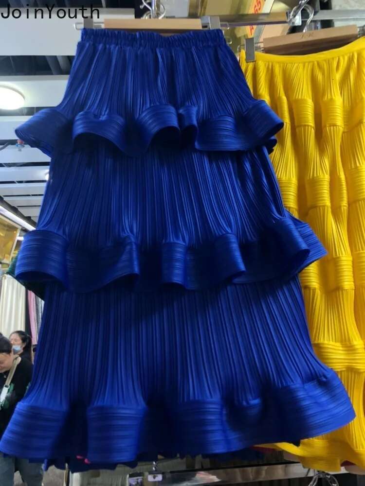 Folds Skirt Women Fashion Ruffles Jupe 2025 Faldas Mujer De Moda High Waist Solid Color A-line Saia Thin Summer Pleated Skirts