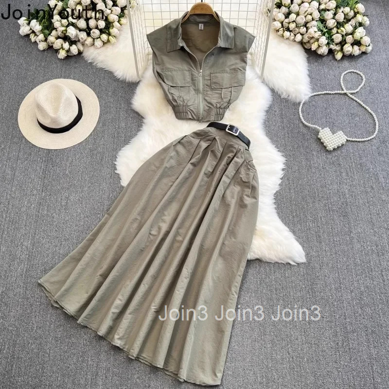Skirt Outfits Women Two Piece Sets Slim Waist Sleeveless Drawstring Crop Tops High Waist A-line Skirt Suit Casua Chic Summer Set