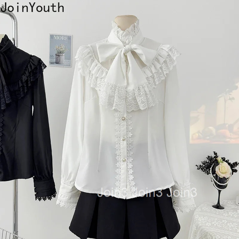 Lolita Style Women Tops Camisas De Mujer Bandage Bow Stand Neck Blouses Womens Clothing Patchwork Lace Vintage Blouse Shirts