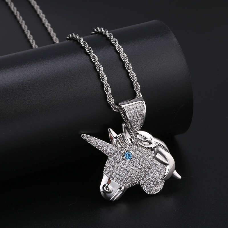 Hip Hop Unicorn Cartoon Head Micro Paved Zircon Men and Women Trendy Ins Accessories