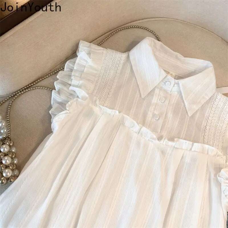 Summer Blouse Women Sleeveless Sweet Ruffles White Shirts 2025 Blusas Mujer De Moda Korean Fashion Loose Vintage Blouses Tops