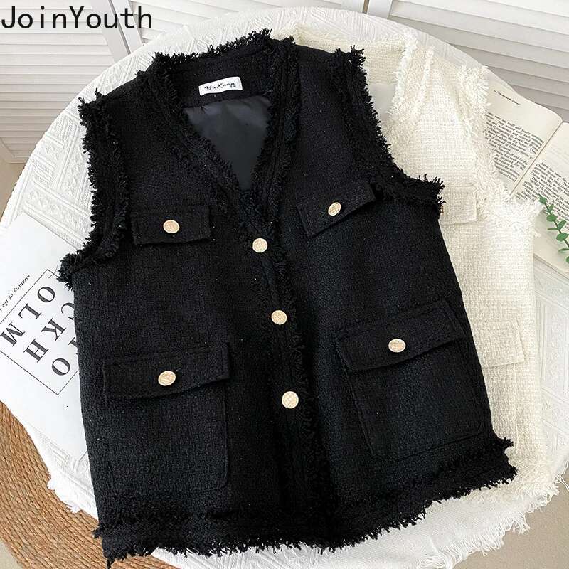 Fashion Vest for Women V-neck Sleeveless Tweed Single-breasted Tassel Waistcoat Topa Mujer Korean Temperament Coat Tops Femme