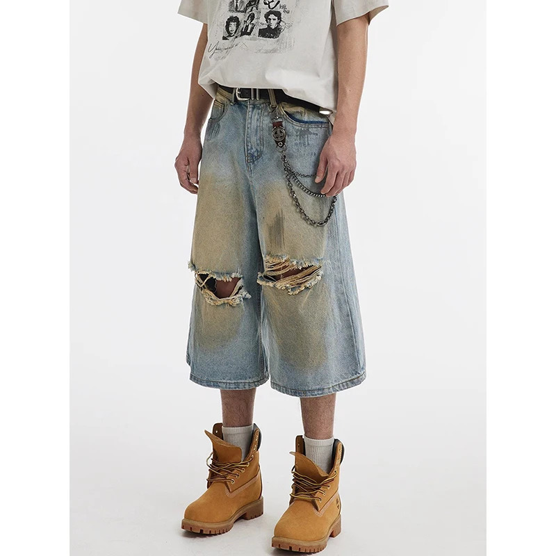 Mens Ripped Denim Shorts Vintage Y2K Knee Length Jean Shorts Streetwear Korean Oversize Cowboy Short Pants 2000s Clothes Summer 250617
