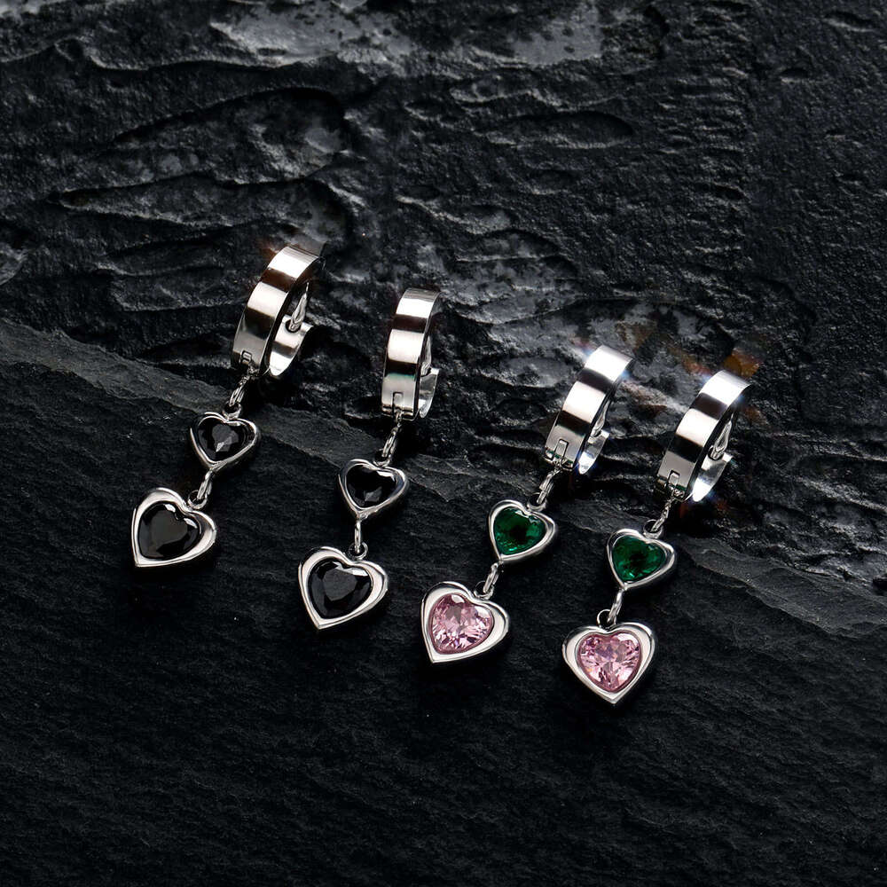 Light Colorful Heart Zircon Elegant Women Stainless Steel Earrings Non-Fading Personality Tassel Ear Clips