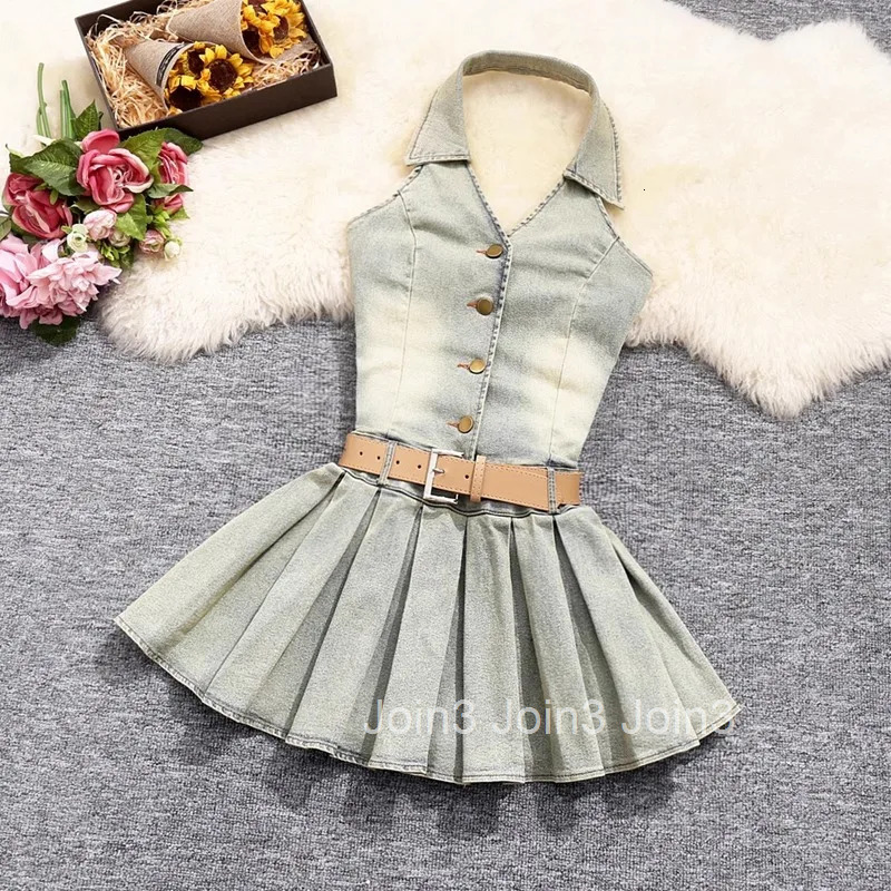 Y2k Pleated Dresses for Women Single Breasted Sleeveless Tunic Robe Femme Sexy Summer Denim Mini Dress 2025 Vestidos De Mujer