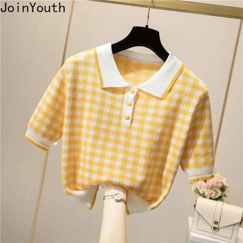 2025 Ropa Mujer Summer Woman Tshirts Short Sleeve Turndown Collar Tees Fashion Plaid Knitted T Shirt Vintage Casual T-shirt
