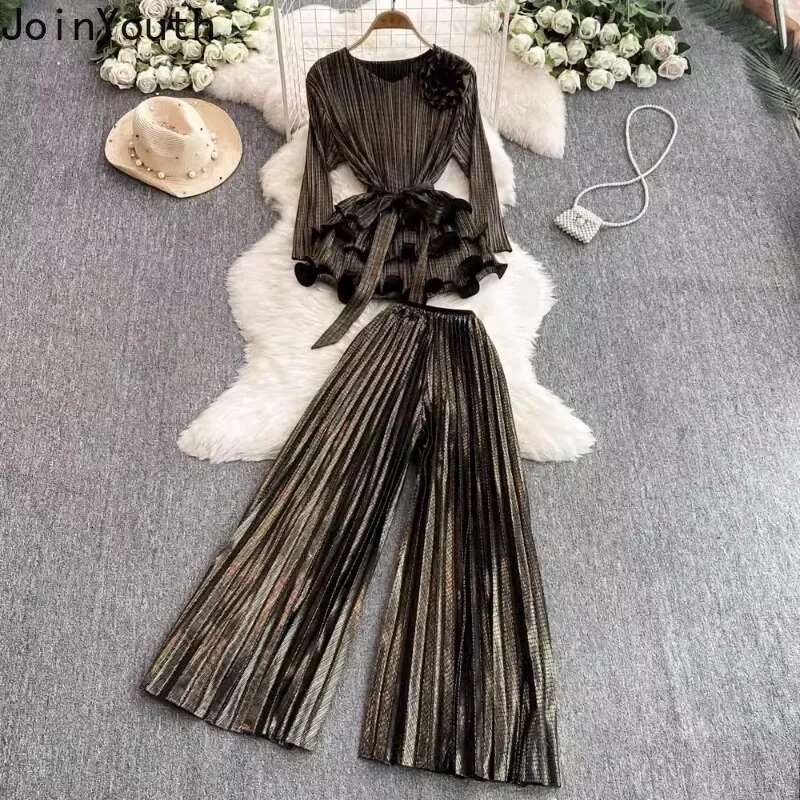 Two Piece Sets Womens Clothing V-neck Ruffles 3D Floral Blouses High Waist Pleated Wide Leg Pants Outfits Fashion Korean Suit
