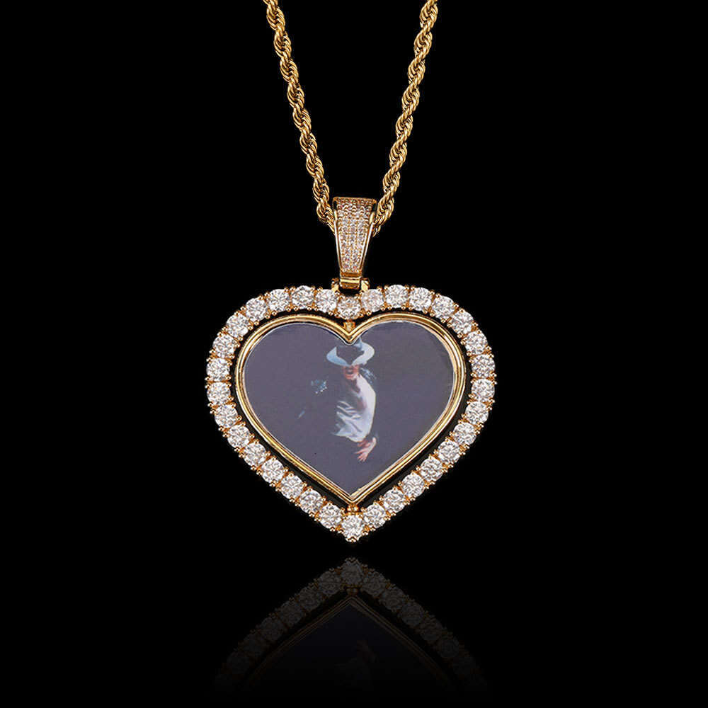 Hip Hop Rotatable Double-Sided Heart Micro-Paved Zircon Commemorative Frame Necklace Photo Pendant 2100
