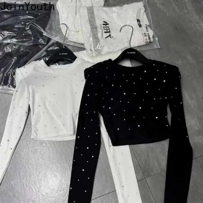 Crop Tops Fashion Tshirts for Women O-neck Long Sleeve Korean Tees 2025 Ropa Mujer Temperament Diamond Tunic Black Y2l Tshirt