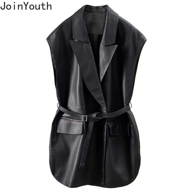 Sleeveless Cardigan Women Clothing Tailored Collar Bandage Tunic Black Korean Waistcoat Vintage Chic PU Temperament Tanks Tops