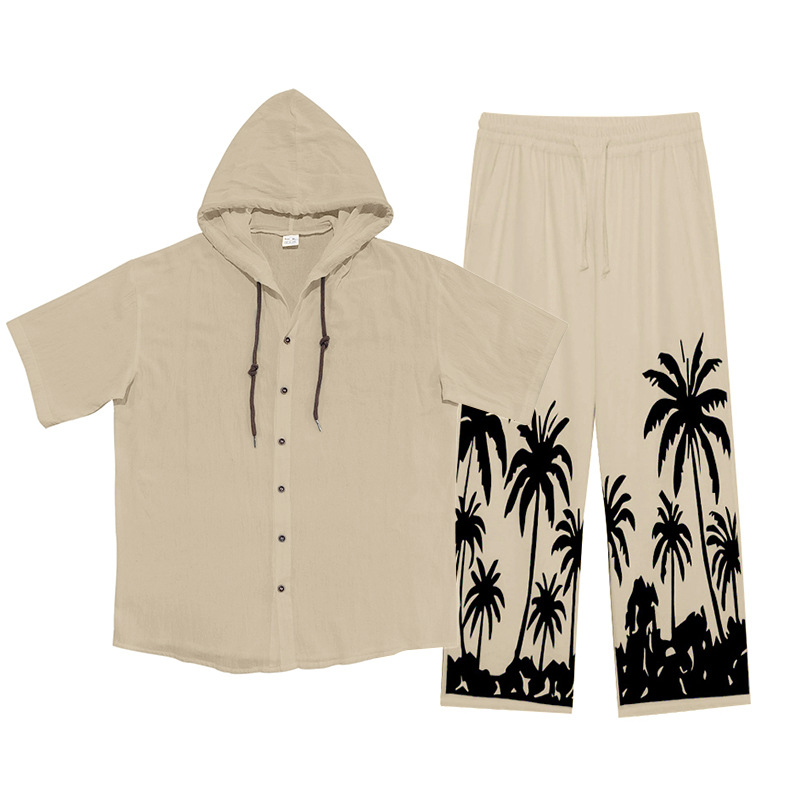 Tracksuit Men's fashion two-piece linen shirt beach pants casual printed hooded short-sleeved shirt and long pants set for men EU Size: S-3XL