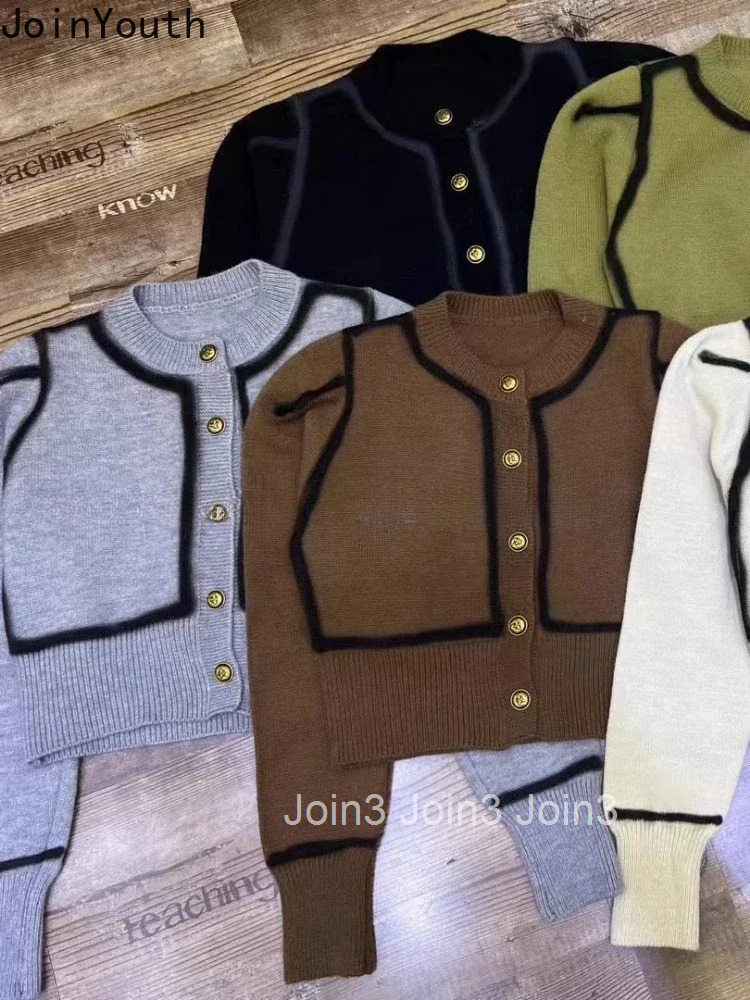 Women Clothing Cropped Cardigan Coat 2025 Ropa Mujer O-neck Contrast Color Pull Femme Knitting Vintage Sweaters Tops Female