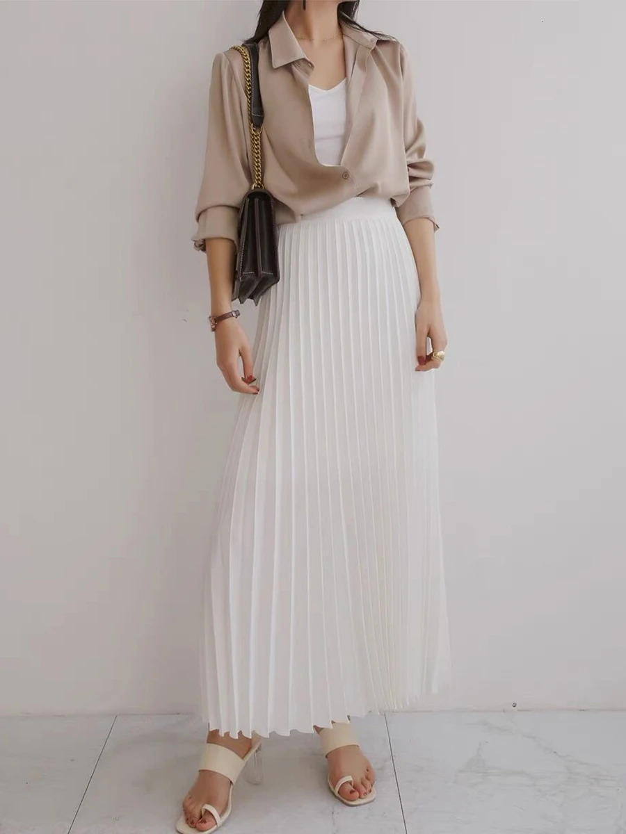 er Women Spring Autumn Elegant Chic Solid Pleated Skirt High Waist Fashion With Elastic Female C-035 250619