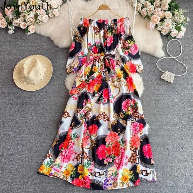 2025 Vestidos De Mujer Elegant Dresses for Women Slim Waist Slash Neck Floral A-line Robe Femme Off Shoulder Summer Chic Dress