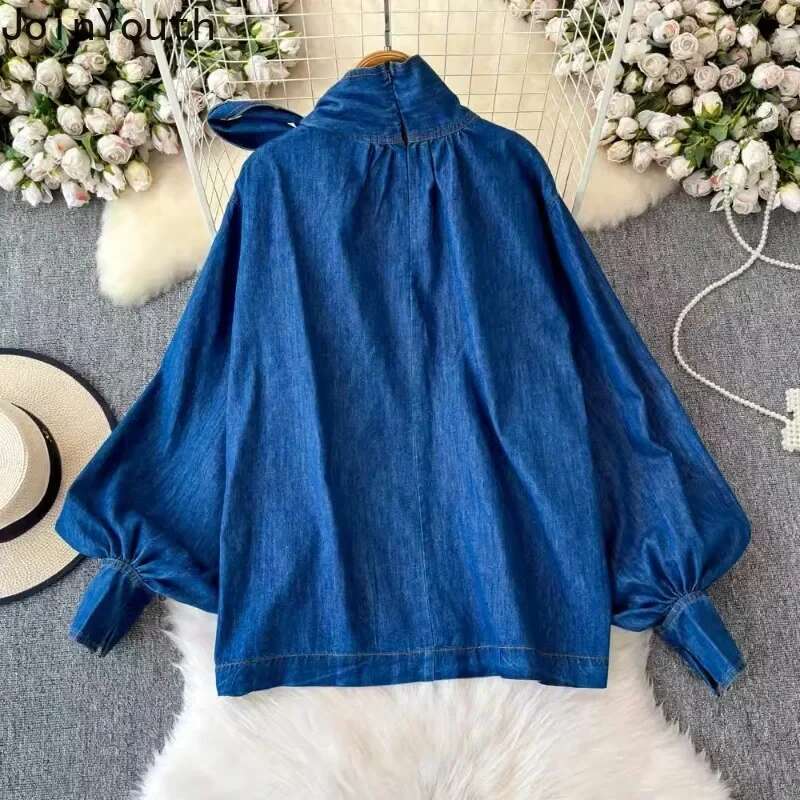 2025 Camisas De Mujer Denim Blouse Womens Clothing Temperament Lady Tops Bandage Bow Loose Fashion Casual Shirts Blouses 63b445