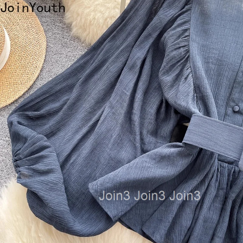 2025 Blusas Mujer De Moda Vintage Women Shirt Folds Slim Waist Blouses Long Sleeve O-neck Temperament Tops Puff Sleeve Chic Tops