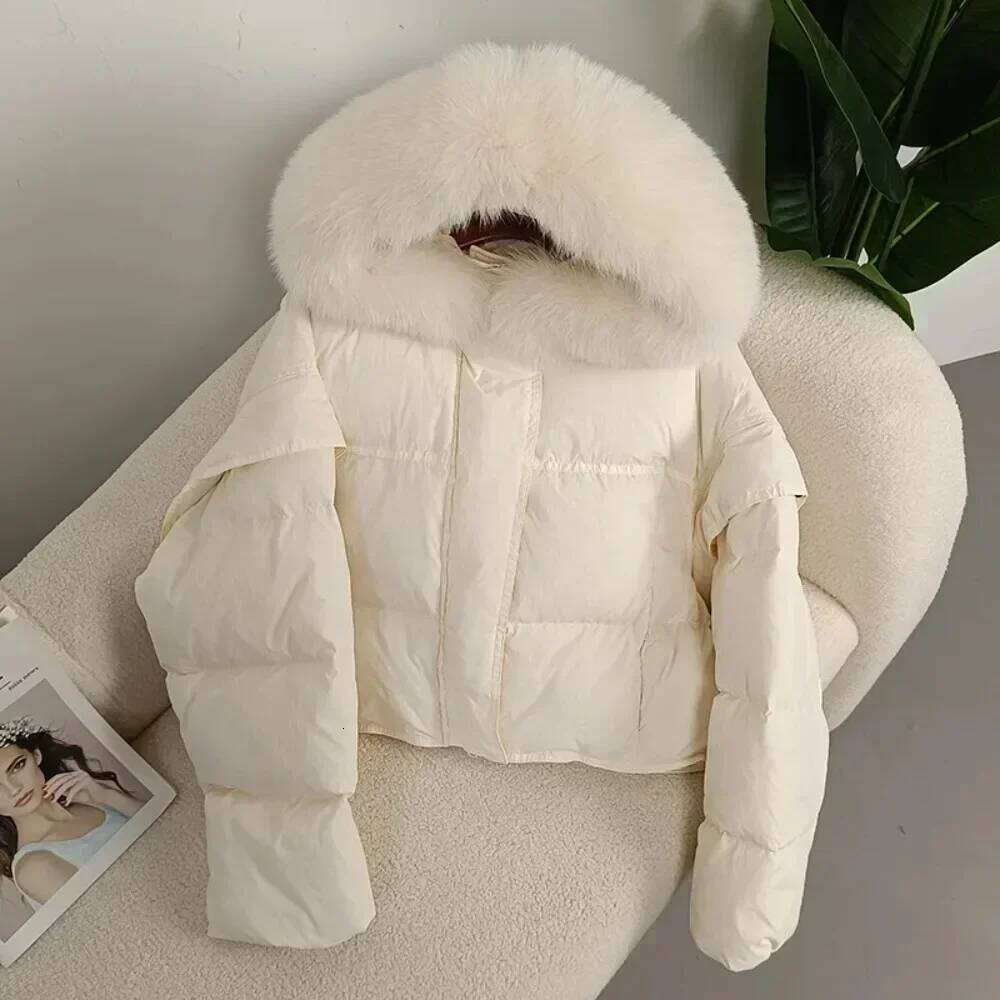 Designer Leisure High Quality Real Raccoon Fur Collar Hooded Detachable Sleeve Jacket Duck Down Loose Fashionable Streetwear Outerwear Autumn Winter W