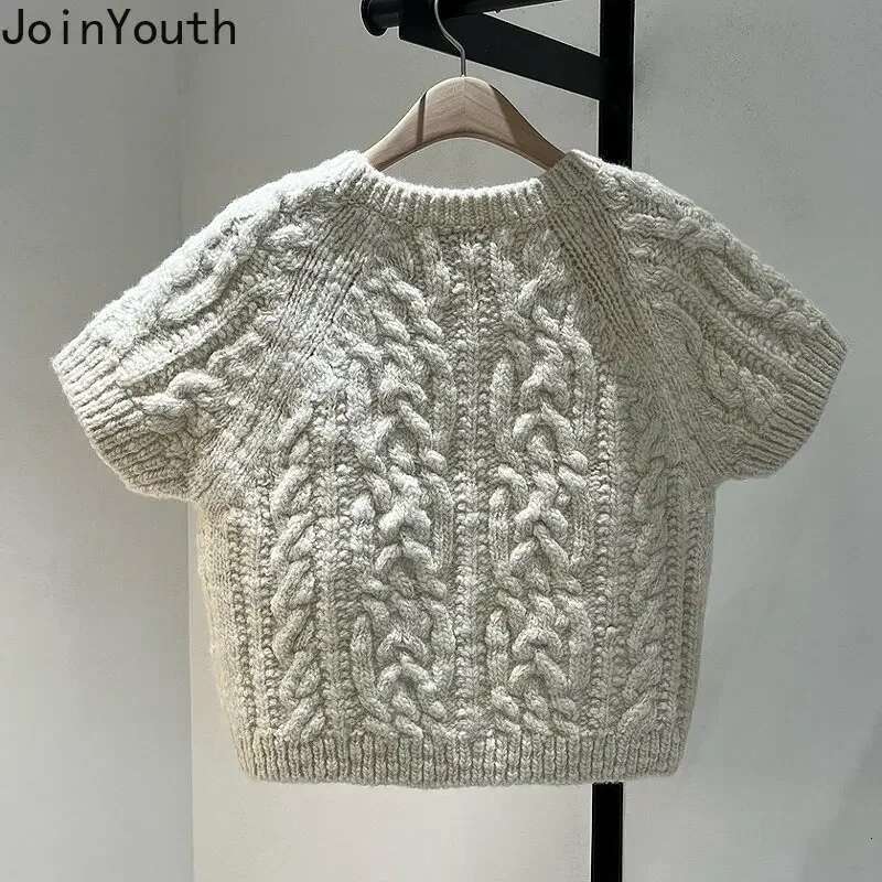 Korean Pullovers for Women 2025 Ropa Mujer O-neck Short Sleeve Knitted Ribbed Y2k Tops Pull Femme Fashion Cropped Sweater Jumper
