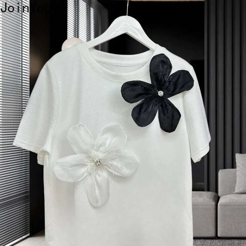 White Woman Tshirts Y2k Tops Short Sleeve O-neck Tees 2025 Ropa Mujer Casual Fashion Loose Camisetas 3D Floral Summer T-shirt