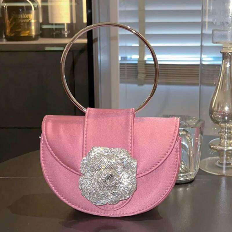Designer Bag Veet Half Round Handbags Women Elegant Boutique Metal Ring Handle Rhinestone Satin Evening Clutch Purses Wedding
