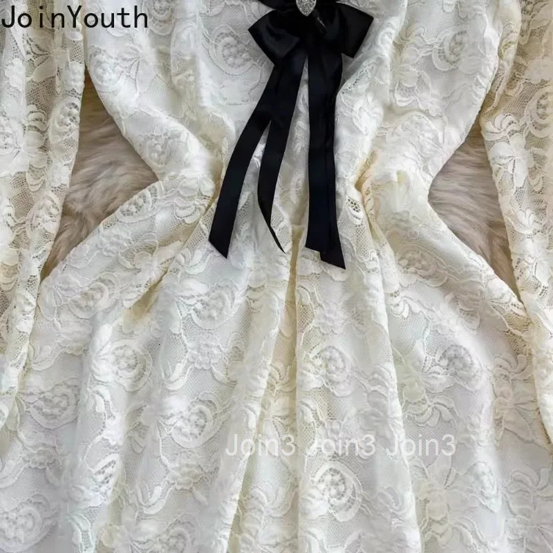 Sweet Woman Dress Slim Waist Slim Fit Korean Robe Femme Patchwork Lace V-neck A-line Temperament Dresses 2025 Vestidos De Mujer