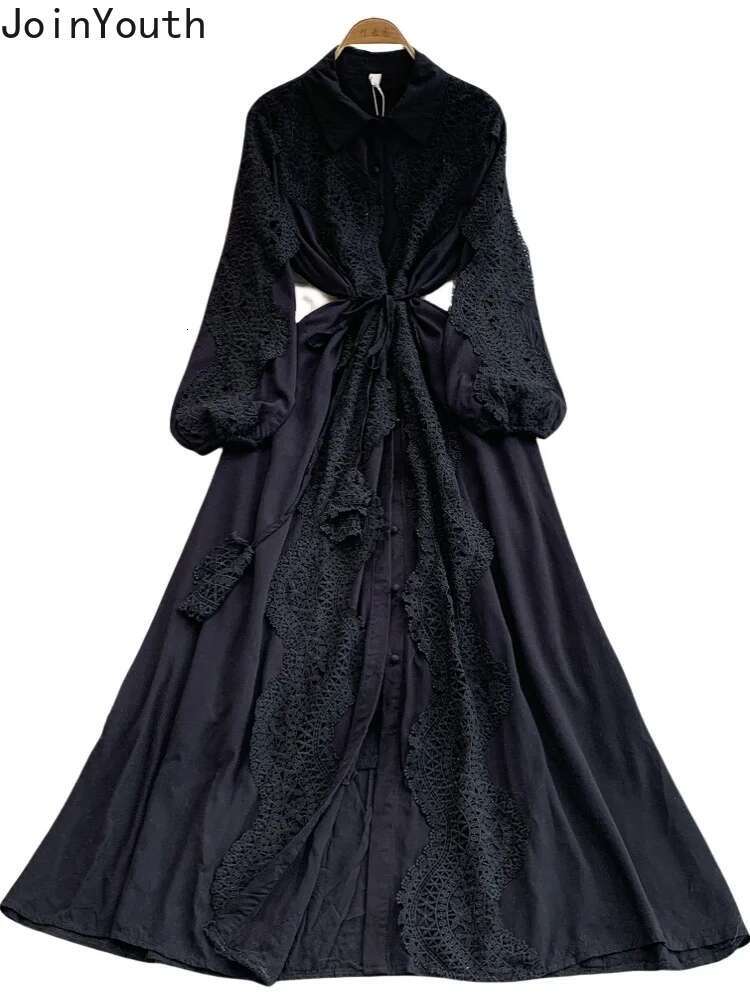 Elegant Dresses Women Single Breasted Slim Waist Temperament Robe Femme Patchwork Lace Hollow Out Dress 2025 Vestidos De Mujer
